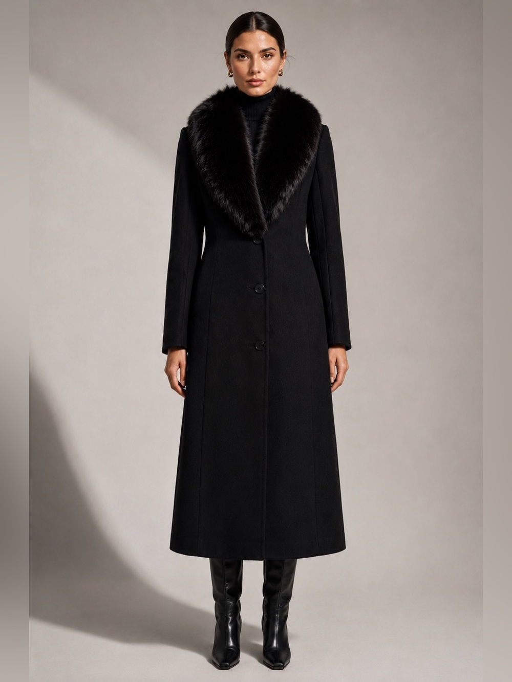 Vintage 90s made in USA Jacobson’s black wool long coat with fur trim at collar.